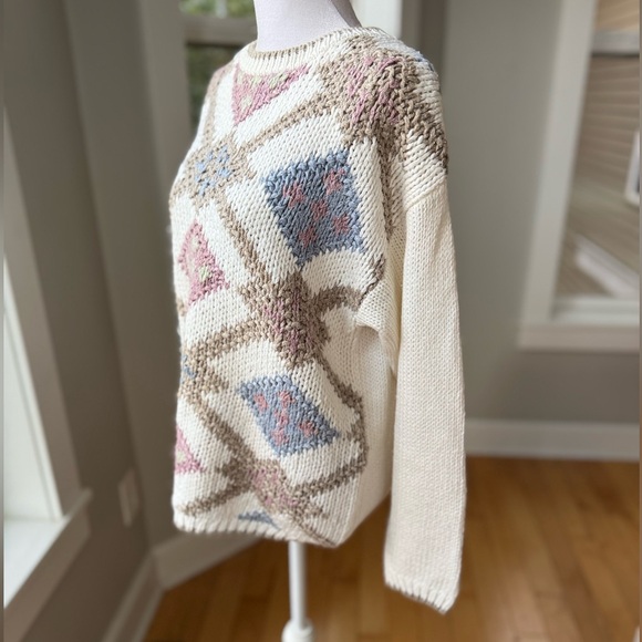 Vintage 80s 90s Hunters Run Tan White Pink Argyle Knit Sweater Size Large - Picture 3 of 8